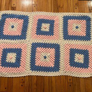 Beautiful Handmade Crochet Pink Blue & White Square Design Lap Blanket 3 x 4'